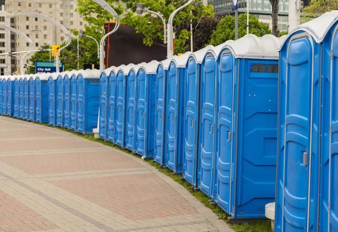 a row of portable restrooms ready for eventgoers in Avon, MA